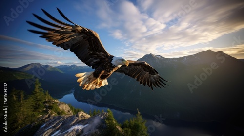 Flying bald eagle mountain background