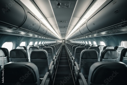 Airplane cabin with gray seats. Generative AI