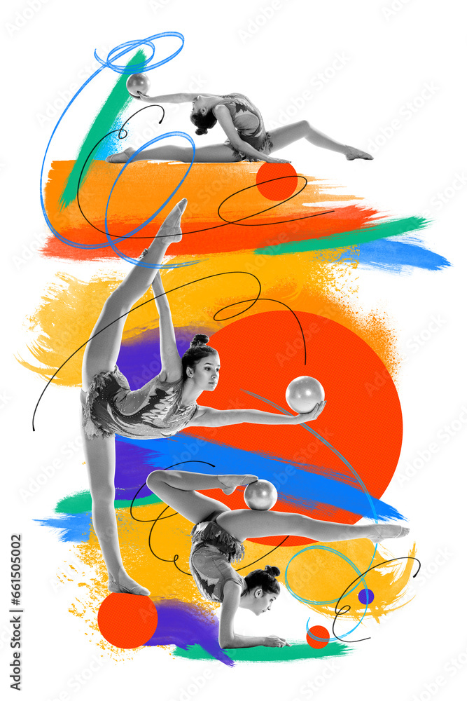 Beautiful and artistic girl, graceful rhythmic gymnast performing over multicolored background. Creative art collage. Concept of professional sport, competition, dynamics. Poster, ad