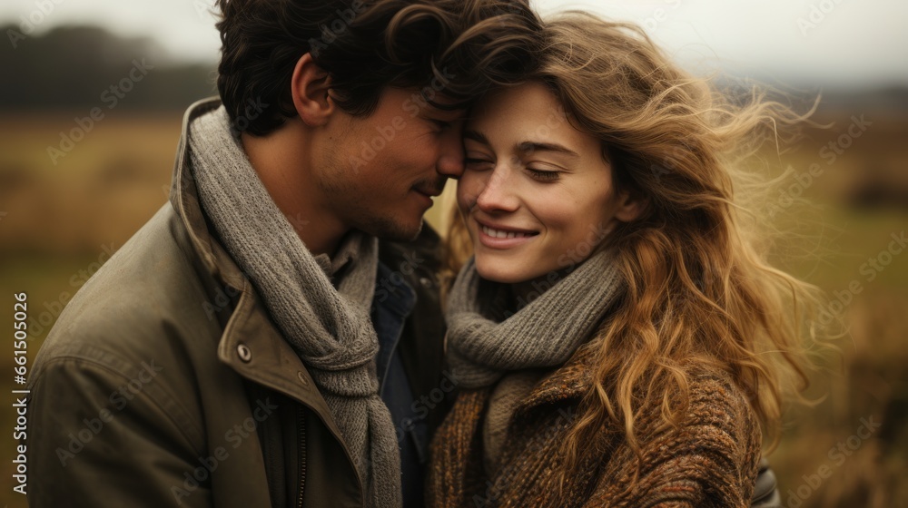 a couple in love standing in sweaters in an autumn field a couple in love standing in sweaters in an autumn field