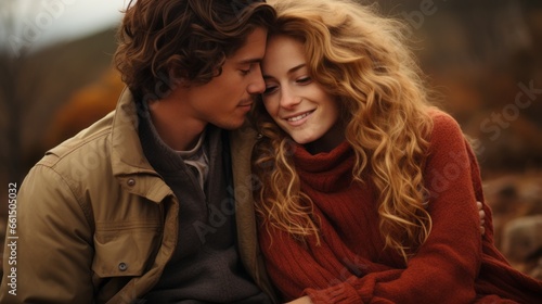 a couple in love standing in sweaters in an autumn field © stasknop