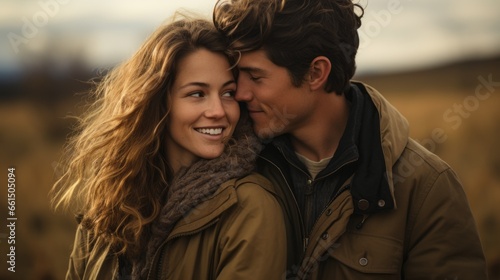 a couple in love standing in sweaters in an autumn field