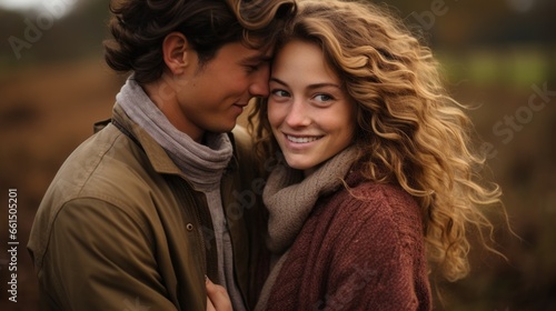 a couple in love standing in sweaters in an autumn field