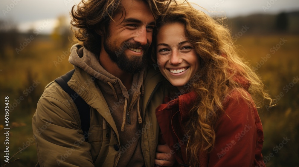 a couple in love standing in sweaters in an autumn field a couple in love standing in sweaters in an autumn field