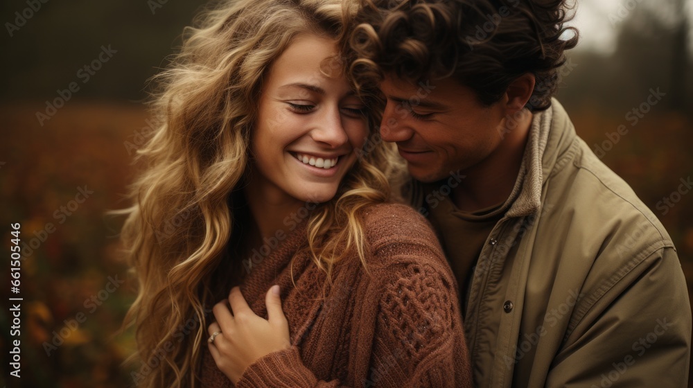 a couple in love standing in sweaters in an autumn field a couple in love standing in sweaters in an autumn field