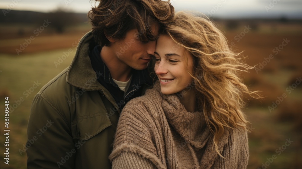 a couple in love standing in sweaters in an autumn field a couple in love standing in sweaters in an autumn field