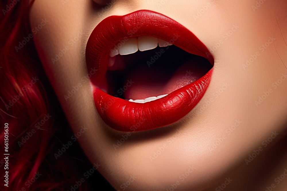 Obraz premium Close-up of red woman's lips gasping for air