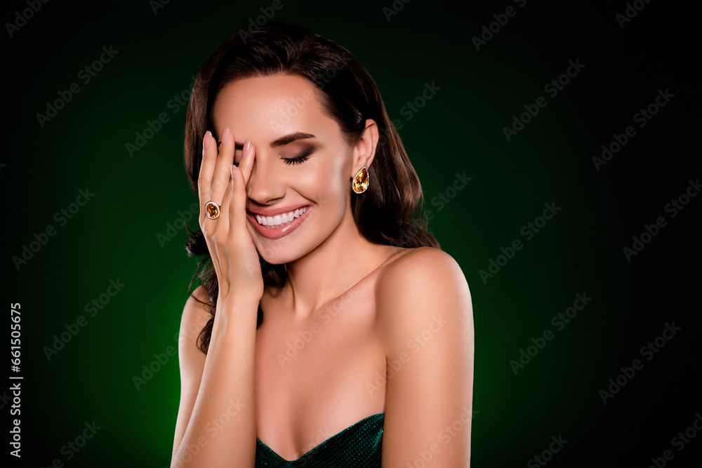 Photo of seductive charming lady wear sexy dress flirting laughing closed eyes isolated dark green color background Photo of seductive charming lady wear sexy dress flirting laughing closed eyes isolated dark green color background