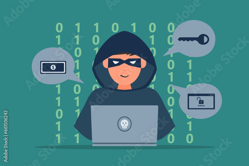 Hacker or Cyber criminal with laptop stealing user personal data. Internet phishing concept vector illustration.