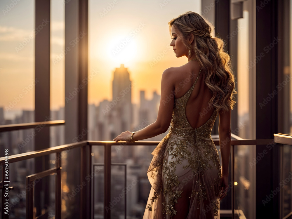 Successful blonde woman standing on the balcony and looking at the New York city scyscrapers and sunset. Luxury, rich business woman in the evening dress enjoying life. - obrazy, fototapety, plakaty 