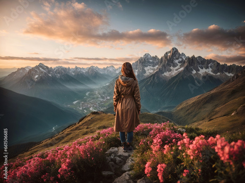 Woman traveller at the peak of the mountain looking down the valley at sunrise. Adventure, travel, active life, achievement, success concept.