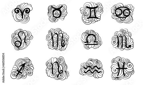 Set Zodiac signs coloring page with meditative patterns and doodle lines