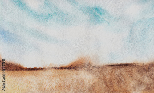 Abstract modern watercolor landscape art. Blue and brown grey sky and indigo landscape. Impressionist illustration of Southwestern desert