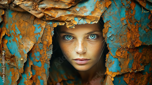 Boy subtly blends into rusty metal with intense gaze. photo