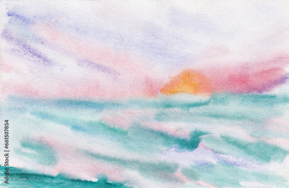 Obraz premium Abstract dreamy modern watercolor art. Pink and teal gradient sky and mountains landscape. Impressionist illustration print for nursery, girls room, bedroom