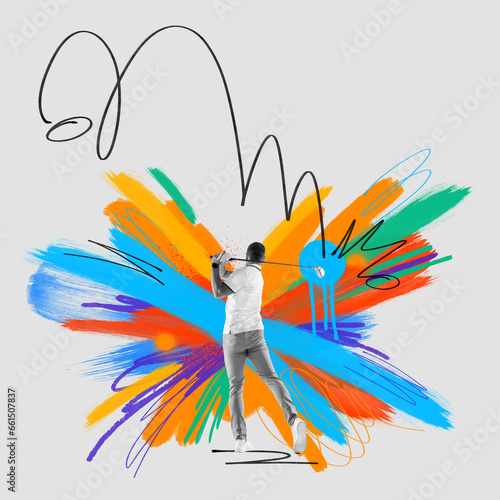 Photography Man, golf player in a white shirt taking a swing over multicolored background