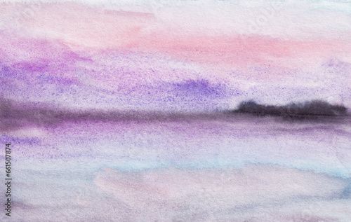 Abstract dreamy modern watercolor art. Pink purple gradient sky, mountains and lake landscape. Impressionist illustration print for nursery, girls room, bedroom