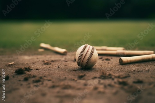 Cricket wickets and ball in a sports arena. Generative AI photo