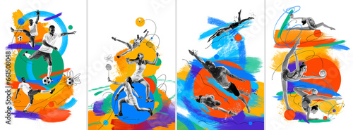 Diversity of sports. People, professional athletes of different kind of sports in motion over colorful background. Creative collage. Concept of professional sport, competition and match. Poster, ad