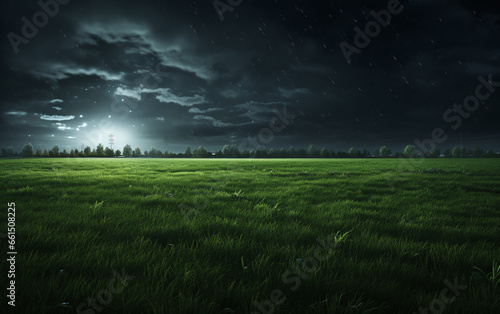 A high-definition green grass field illuminated at night by the radiance of bright, white spotlights, casting a brilliant glow upon the lush expanse.