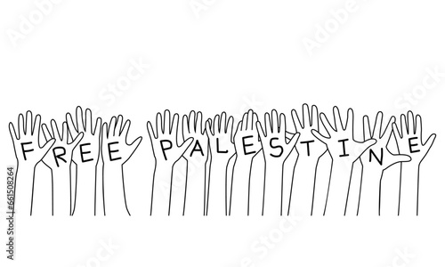 Children Hands Building Word Free Palestine. Line art Black vector Isolated White Background.