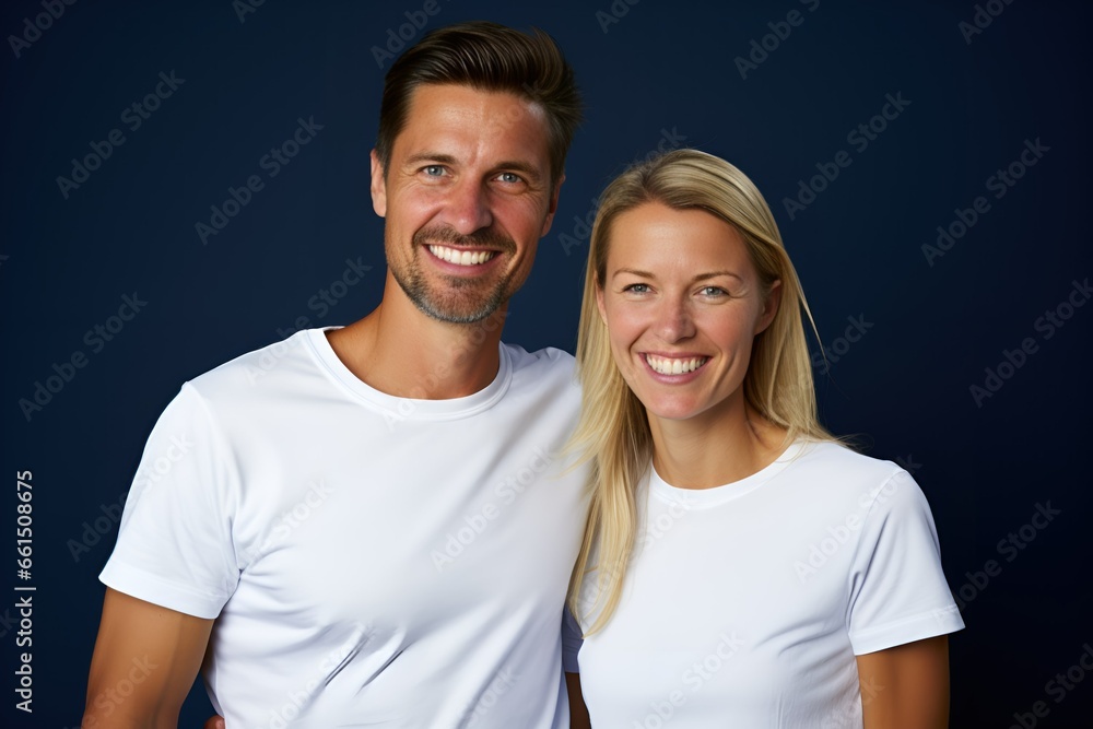 Young fictional white couple smiling. Isolated on a plain blue background. Generative AI. Young fictional white couple smiling. Isolated on a plain blue background. Generative AI.