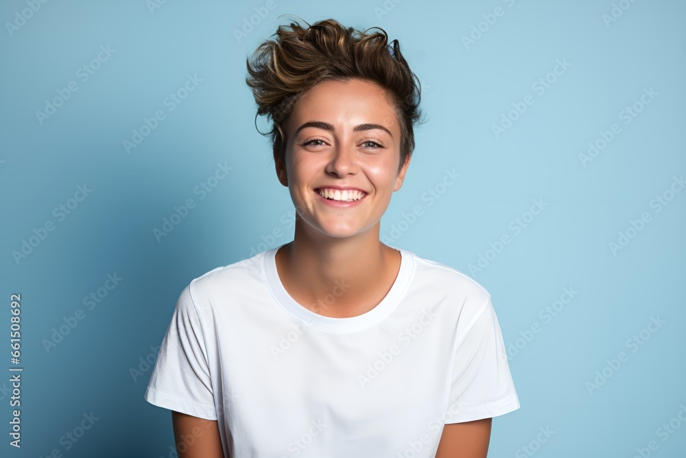 Portrait of a fictional genderless model with short hair smiling candidly isolated on a blue background. Generative AI. Portrait of a fictional genderless model with short hair smiling candidly isolated on a blue background. Generative AI.