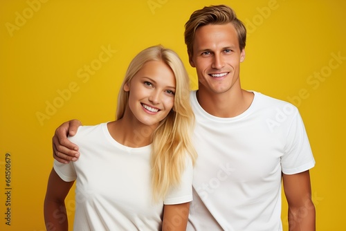 Young fictional white couple smiling. Isolated on a plain blue background. Generative AI.
