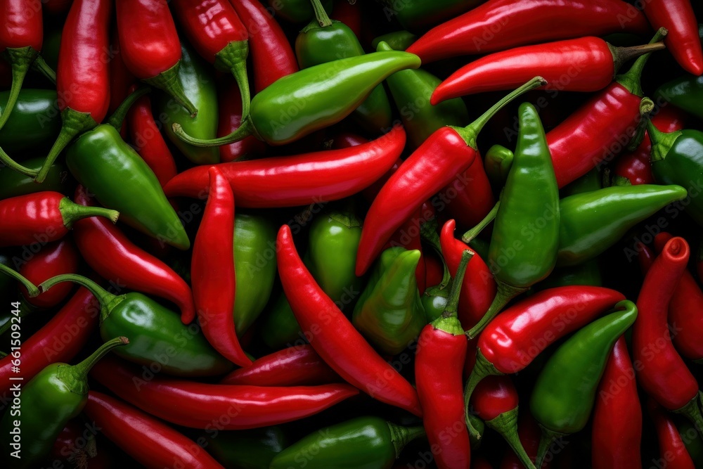 Fresh Chili peppers top view background. Spice mexico. Generate Ai