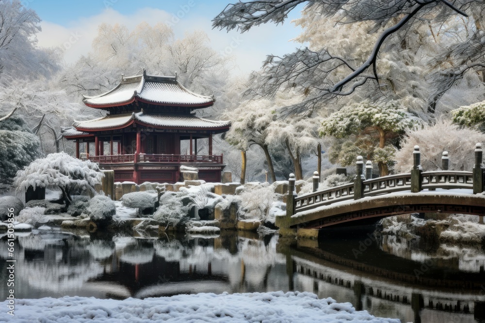 Obraz premium Serene China house winter yard. Temple travel. Generate Ai