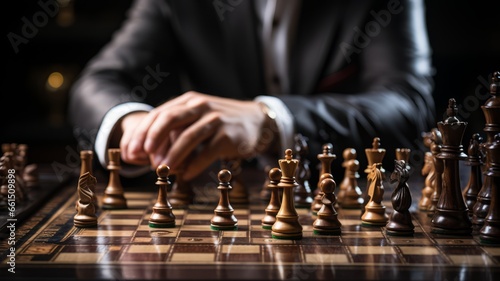 A person involved in a strategic indoor chess game. A concentrated businessman develops new business strategies during a game of chess.