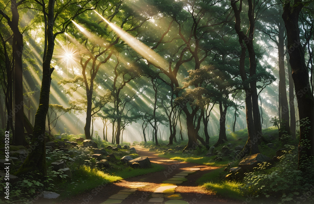 Green forest with sun rays through branches of trees, Scenery of nature with sunlight.
