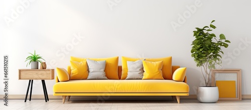 Bohemian style yellow sofa Ai render in modern living room With copyspace for text