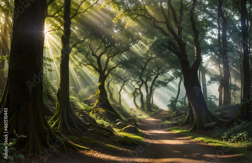 Green forest with sun rays through branches of trees  Scenery of nature with sunlight.