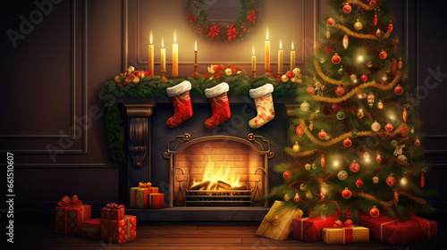 christmas tree with fireplace and stockings for xmas promotion