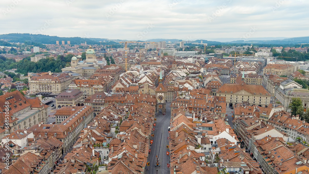 Bern, Switzerland. The famous Zytglogge tower. Panorama of the city with a view of the historical center. Summer morning, Aerial View