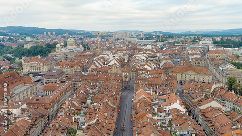Bern, Switzerland. The famous Zytglogge tower. Panorama of the city with a view of the historical center. Summer morning, Aerial View