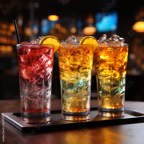 3 cocktail glasses on the bar  different colors  alcoholic drinks  Generative AI