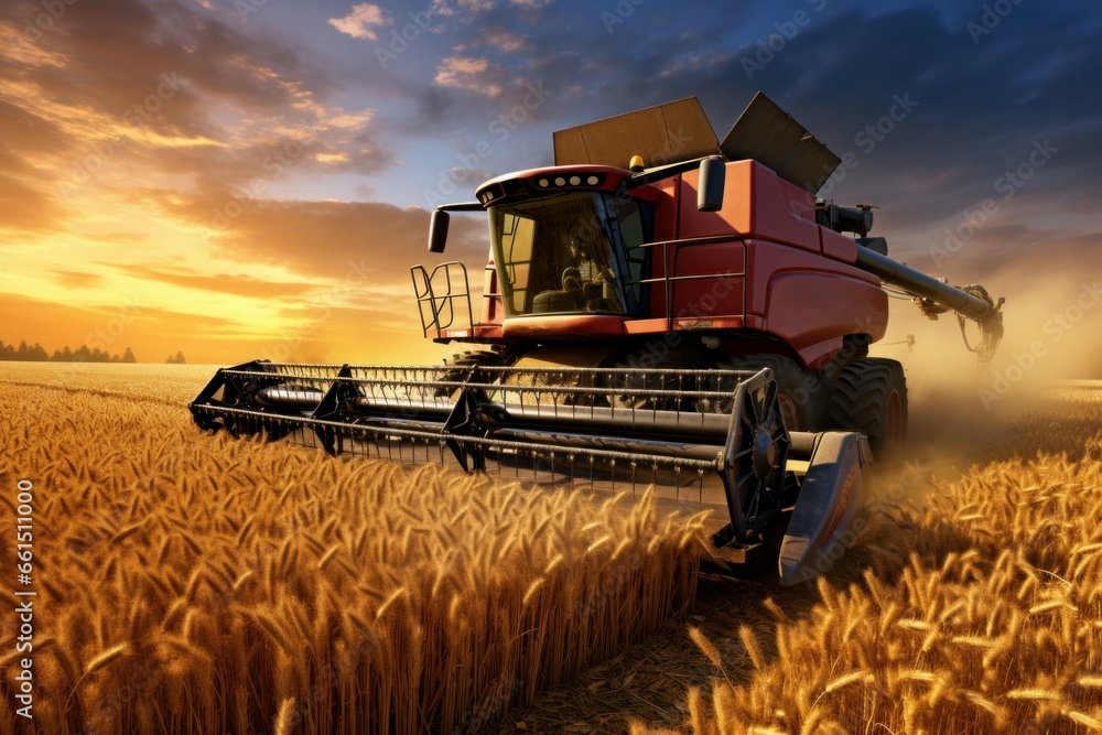Fototapeta premium Productive Combine harvest wheat field rural. Work barley. Generate Ai