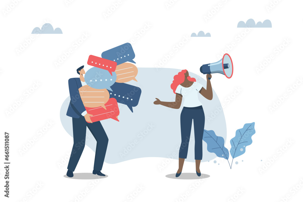Building relationships with customers Business media support, Public relations to communicate company information, Businessman holds a speech bubble. Woman communicating with customers with megaphone - obrazy, fototapety, plakaty 