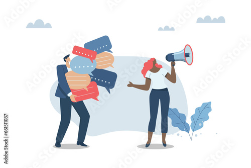 Building relationships with customers Business media support, Public relations to communicate company information, Businessman holds a speech bubble. Woman communicating with customers with megaphone