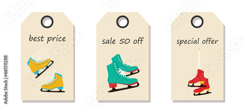 Vector set of discount price tags. Labels with  Colorful ice skates for figure skating in winter. Template for shopping tags. Christmas sale. 