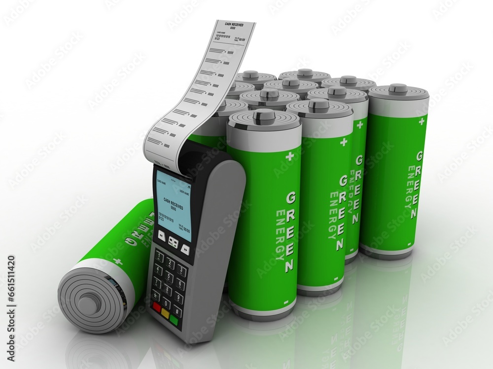 3d rendering green energy battery with swiping machine
   