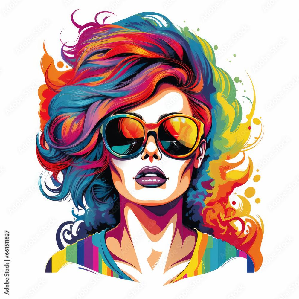 Beautiful female pop icon image with firey rainbow colors