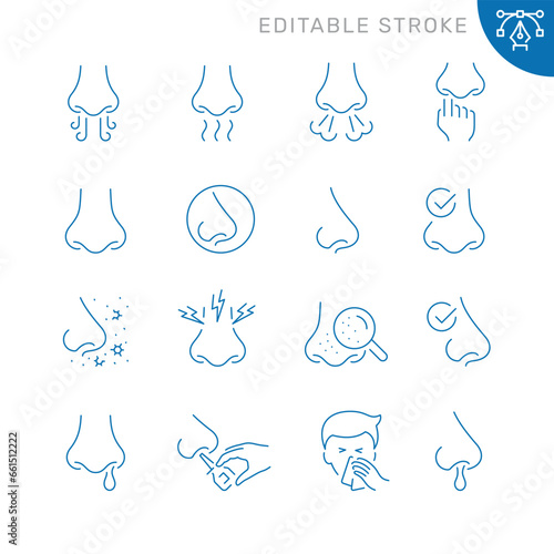 Vector line set of icons related with nose. Contains monochrome icons like nasal, smell, organ, breathe, sneeze, sniff and more. Simple outline sign. Editable stroke.