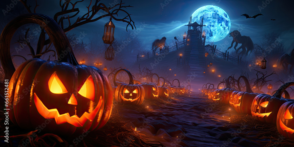 halloween 3d render background with pumpkin lanterns. 