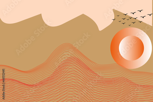 Vector abstract art landscape mountain with birds and sunrise sunset by golden line art texture isolated on dark grey black background. Minimal luxury style for wallpaper, wall art decoration.
