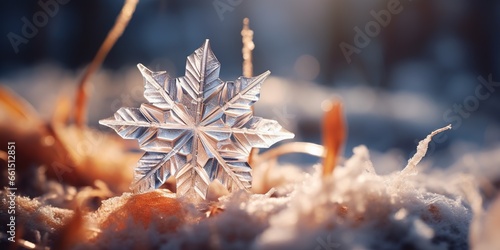 Beautiful crystals of snowflakes glow in the rays of the spring sun, concept of Translucent ice formations