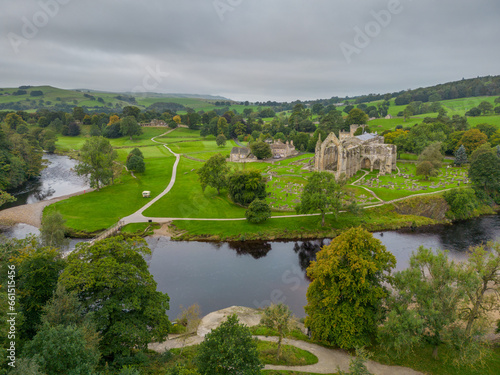 Bolton Abbey North Yorkshire, aerial view of the abbey and surrounding Yorkshire countryside including the River Wharfe. United Kingdom historic church and priory photo