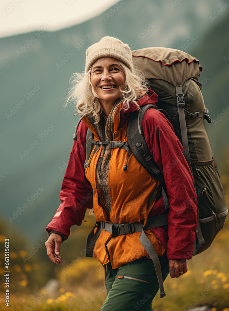 active mature caucasian woman hiking travelling in mountains with backpack, Generative AI